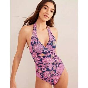BODEN US Size 20-22L Levanzo Ruched Halter Swimsuit Navy Paisley Terrace